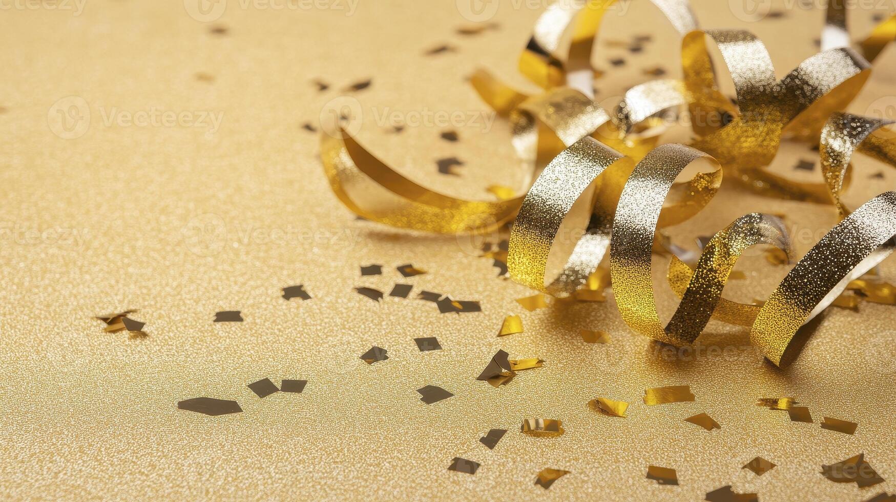 Gold and Silver Ribbons and Confetti on Sparkling Background photo