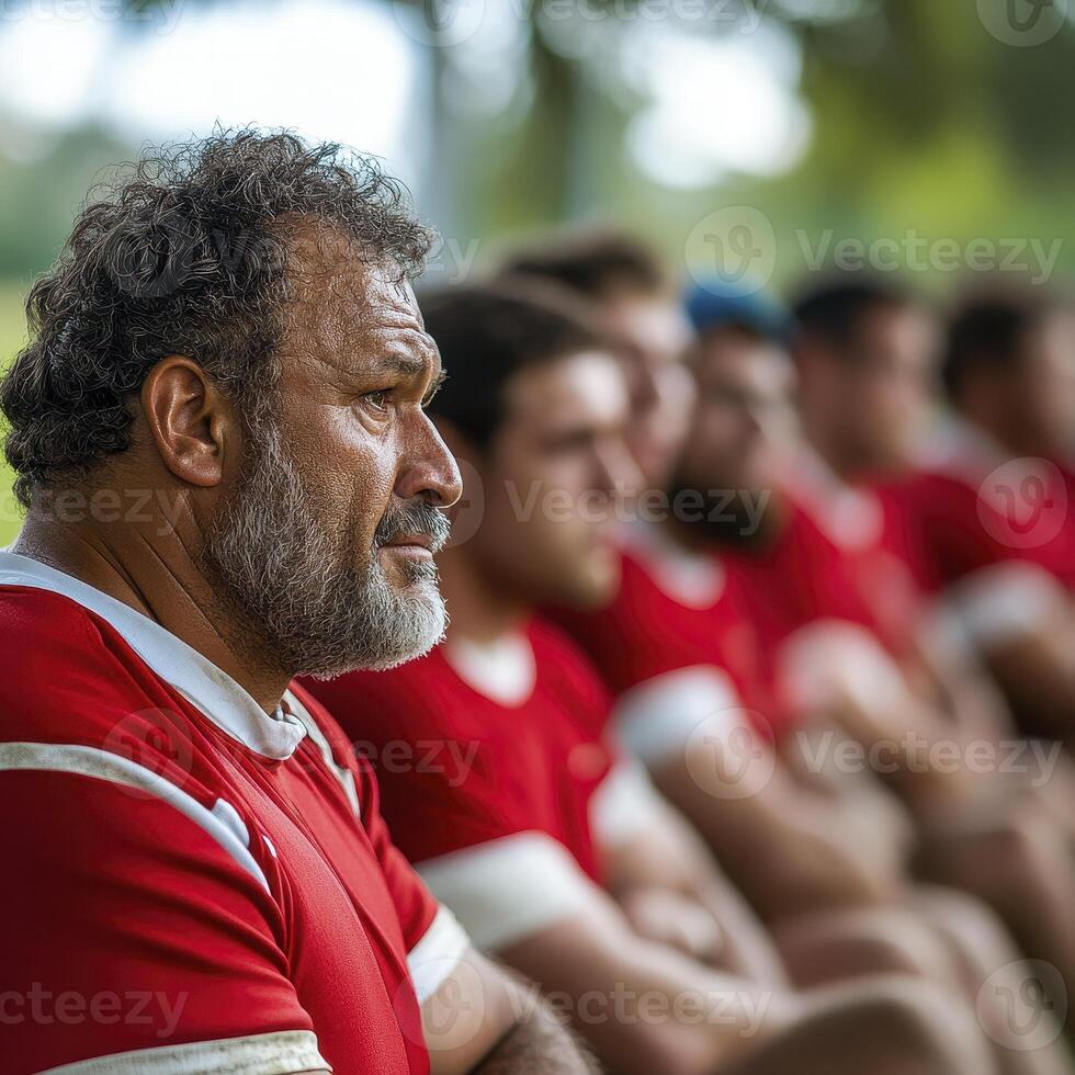 Sweating Rugby Player in Red Jersey on Team Bench Outdoors photo