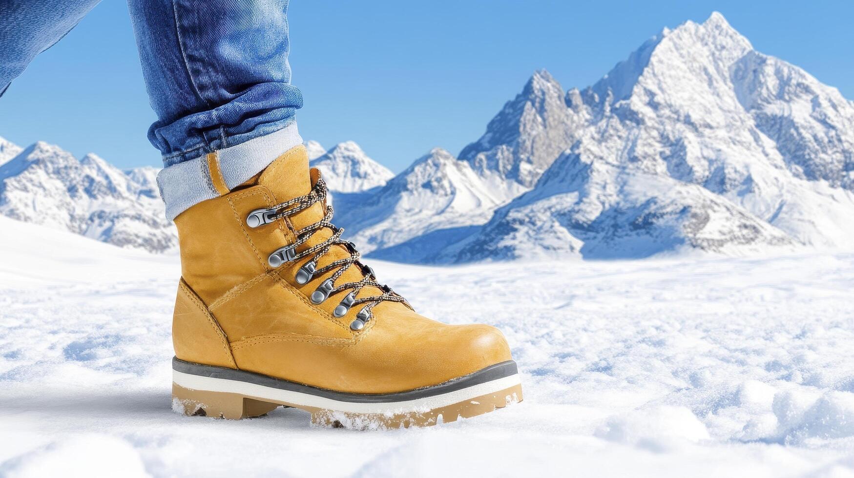 Tan Leather Hiking Boots in Snowy Mountain Landscape photo