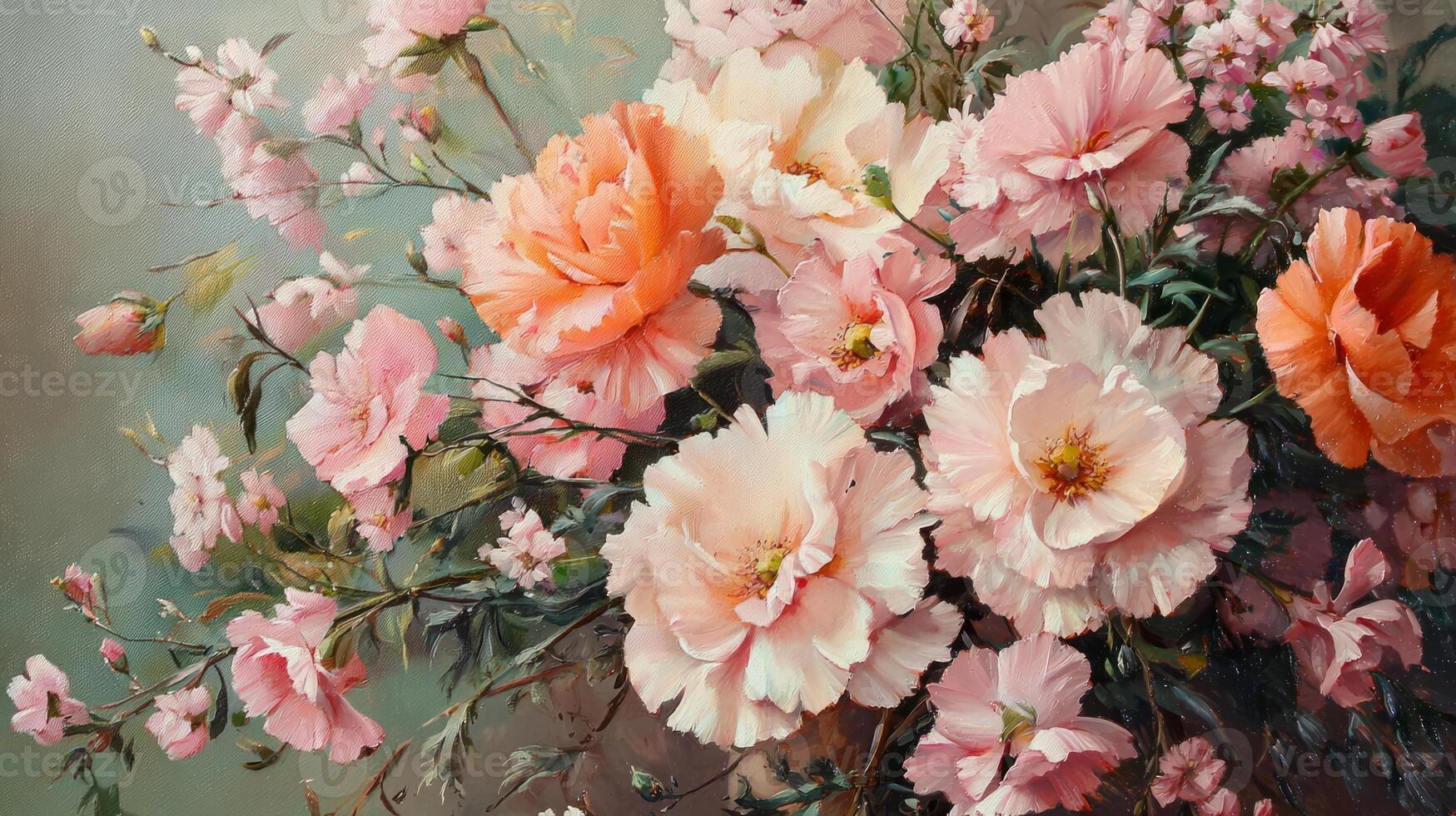 A painting of pink and orange flowers in a vase photo