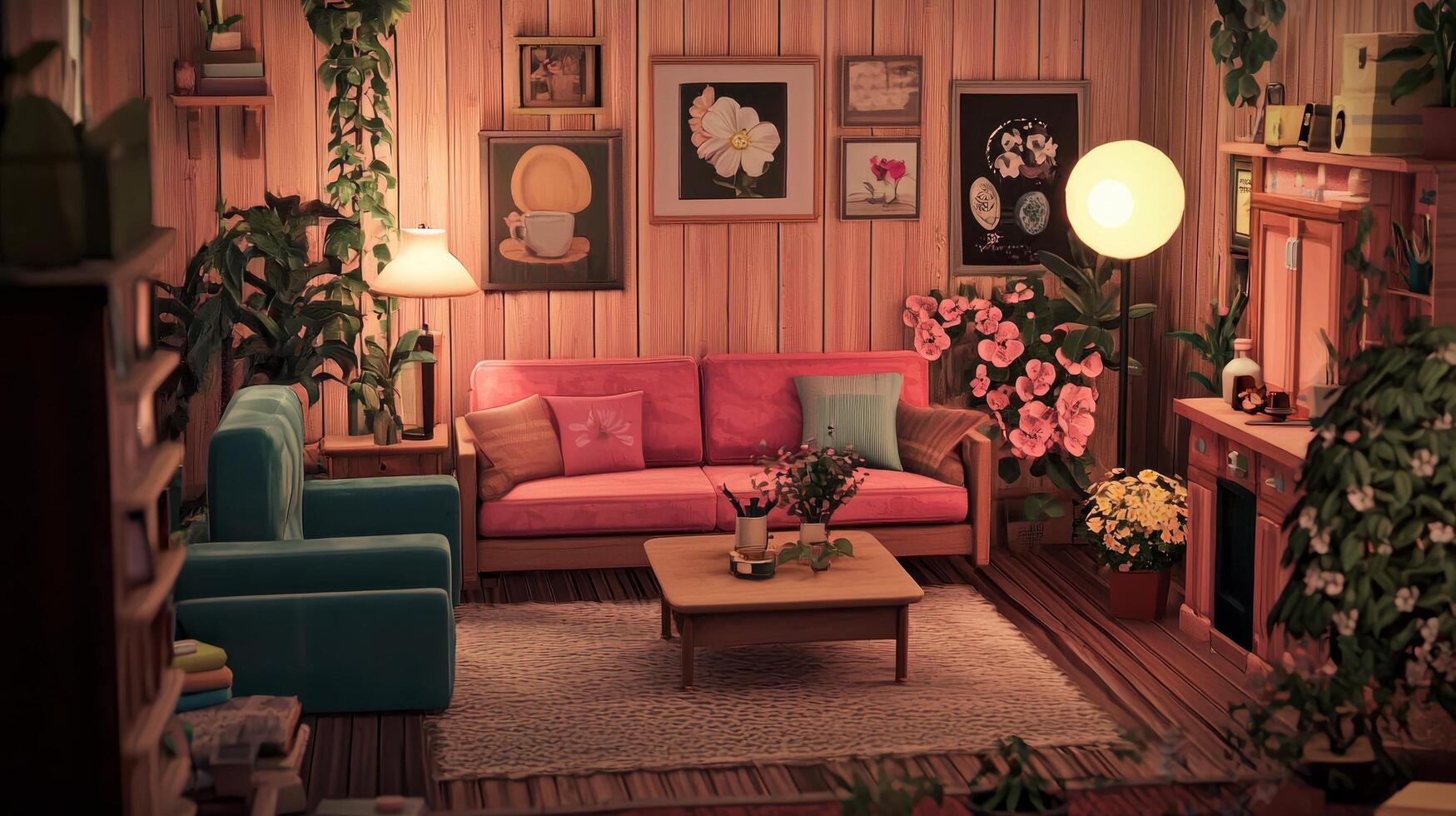 A living room with a pink couch, a blue chair and a green plant photo