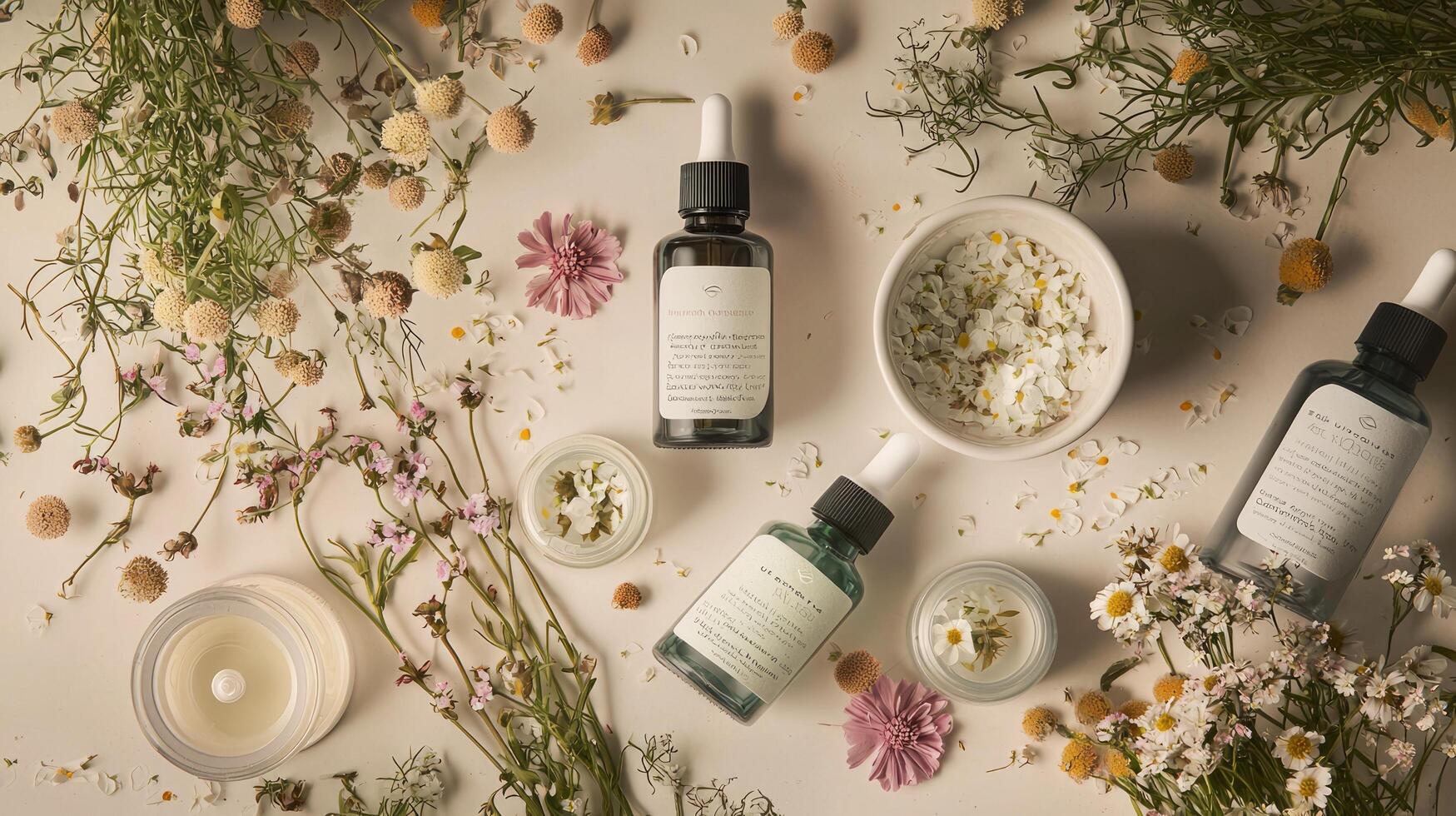A variety of products including a bottle of lotion, a bottle of oil, and a bowl photo