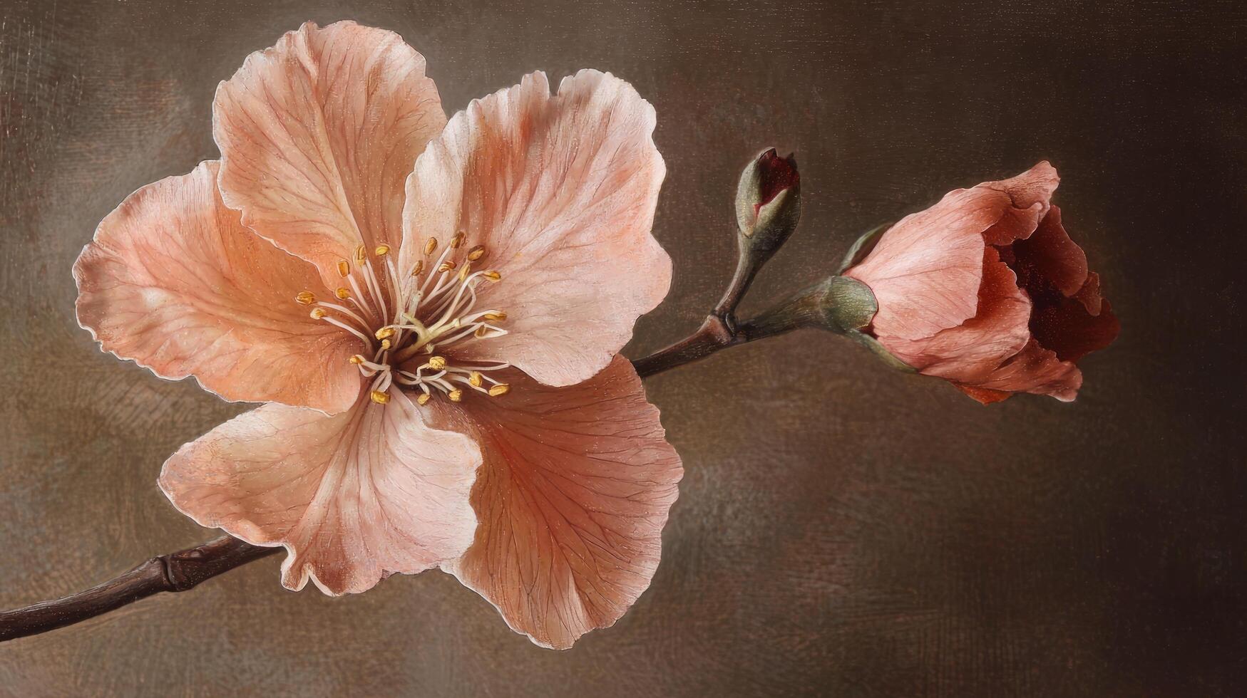 A painting of a peach flower on a branch photo