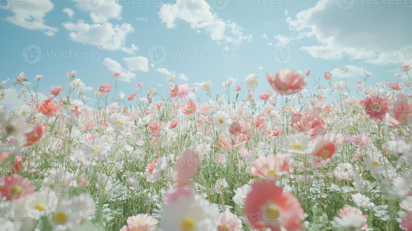 A field of flowers with a blue sky in the background photo