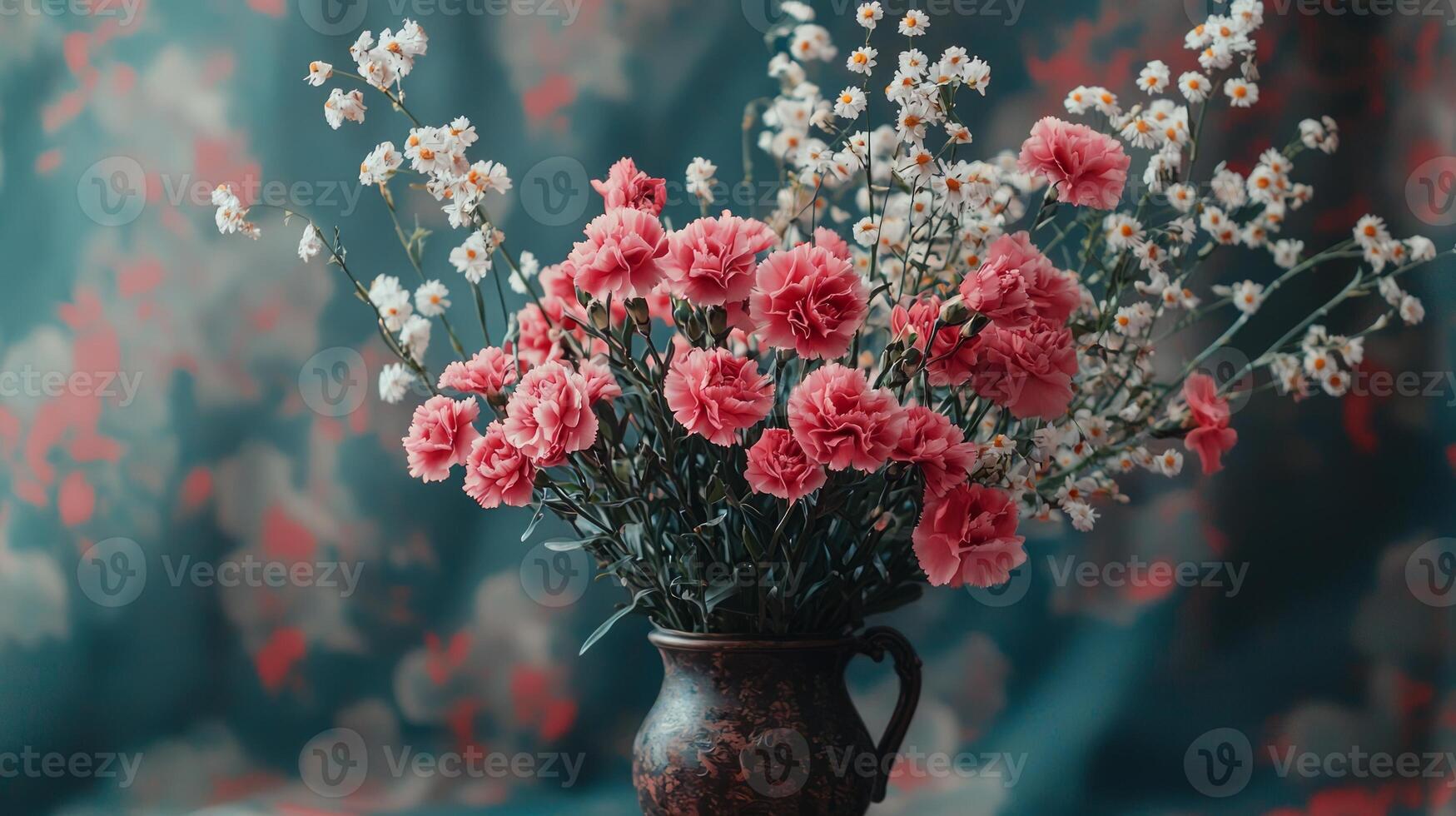 Pink carnations in a vase on a table photo