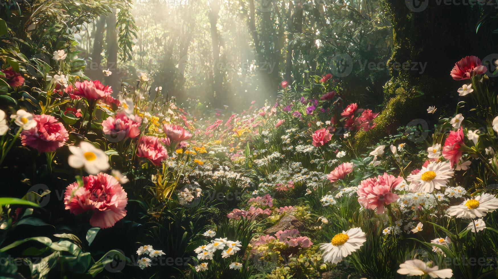 A beautiful forest with flowers and sunbeams photo