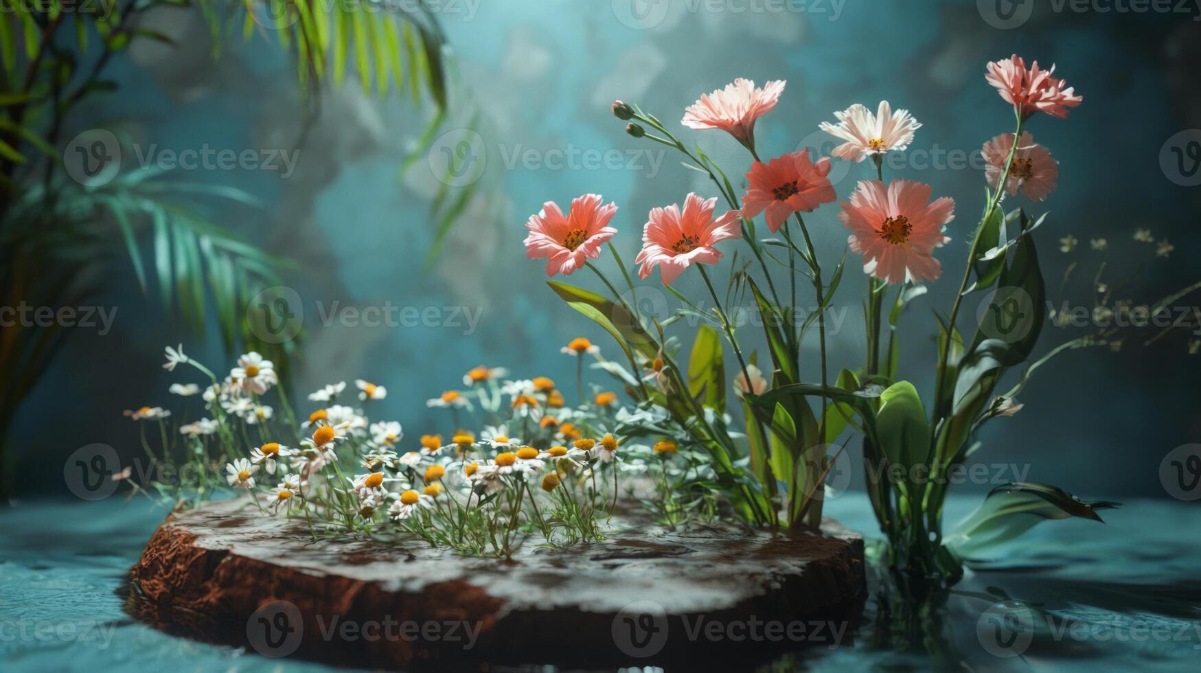 Flowers in water on a wooden stump photo