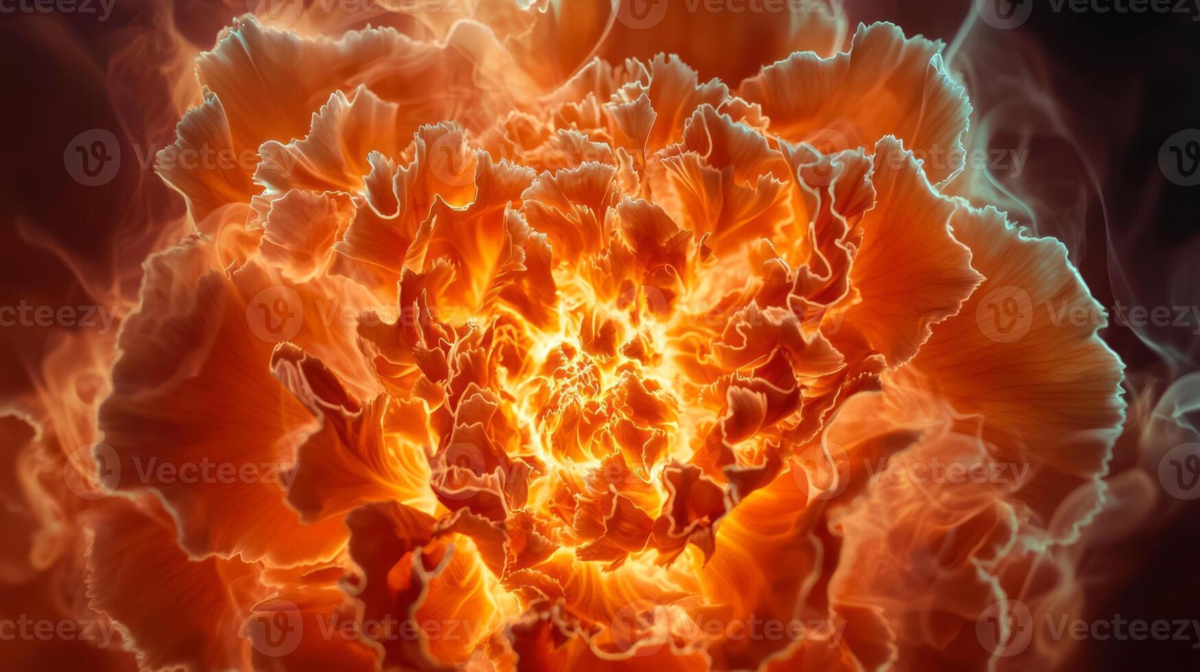 A large orange flower is shown in the middle of a fire photo