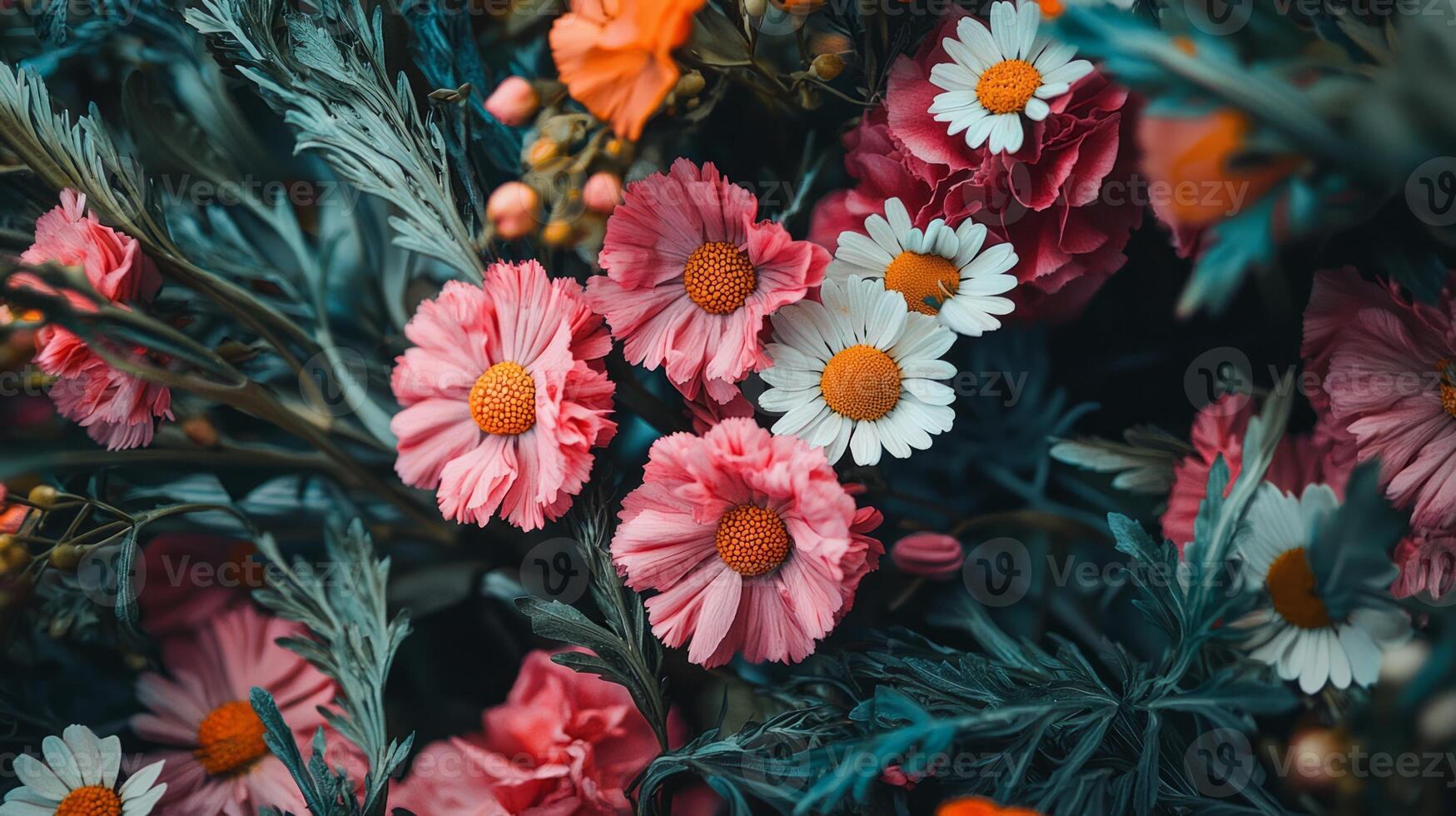 Pink flowers and white daisies are shown in this photo
