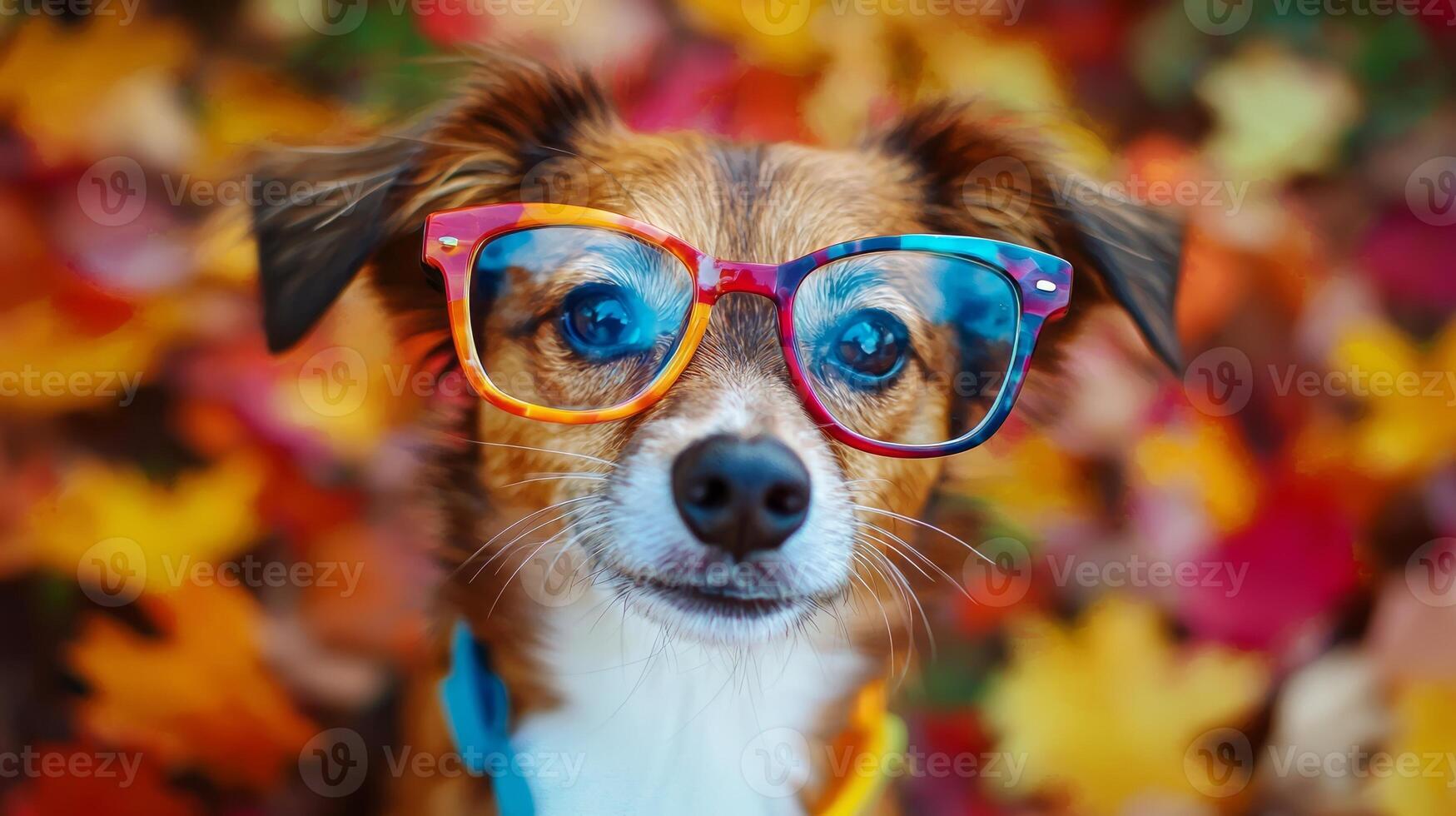 A dog wearing colorful glasses in the fall photo