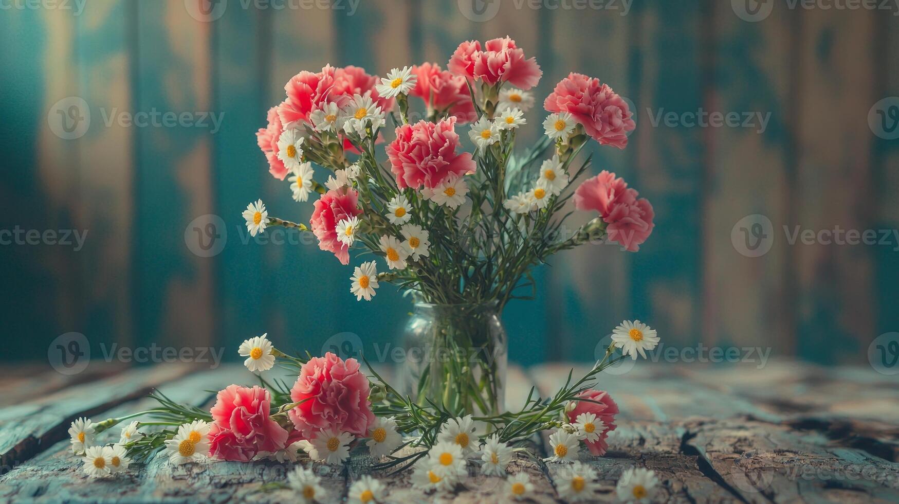 Pink carnations and daisies in a vase on a wooden table photo