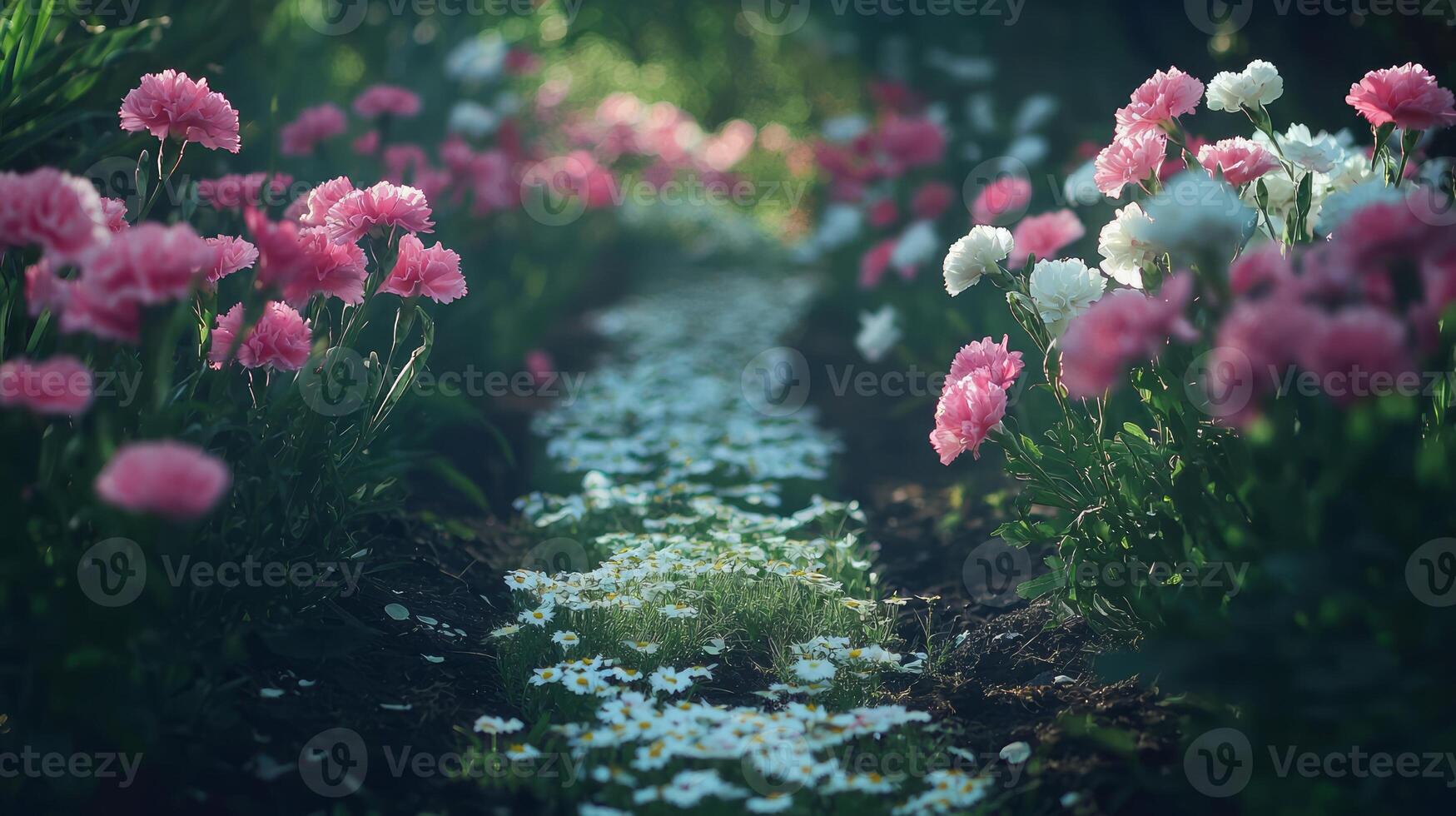 A path through a field of pink and white flowers photo