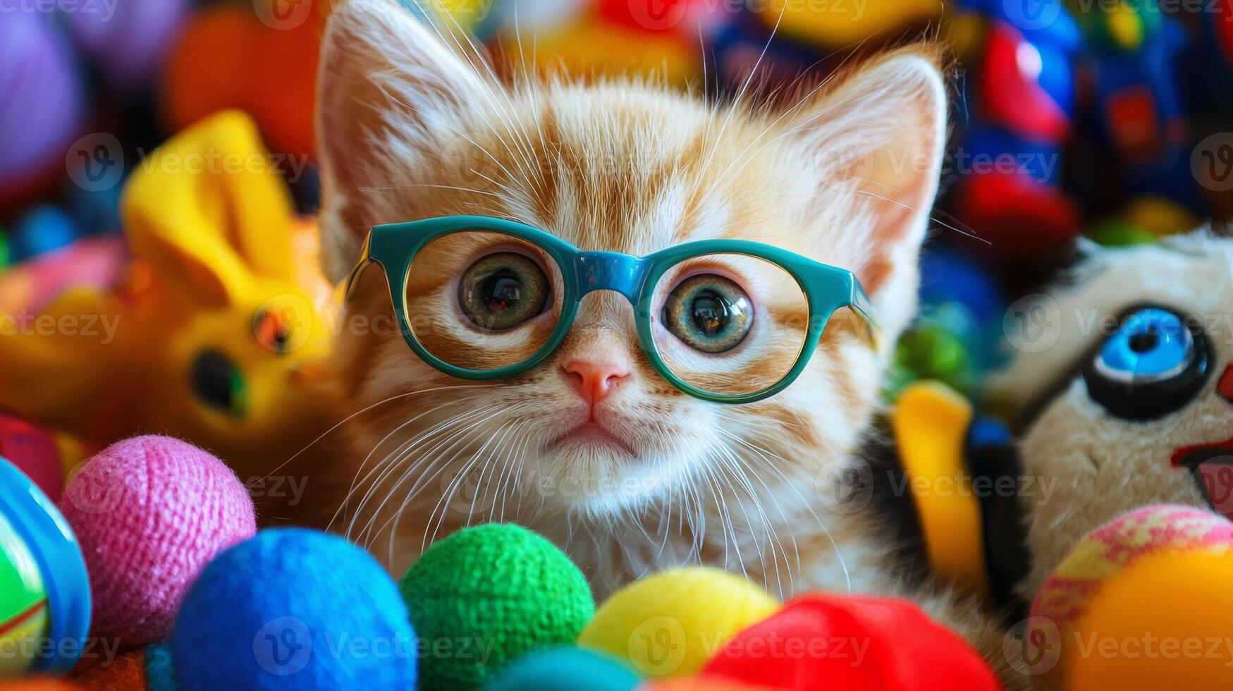 A cat with glasses sitting in a pile of toys photo