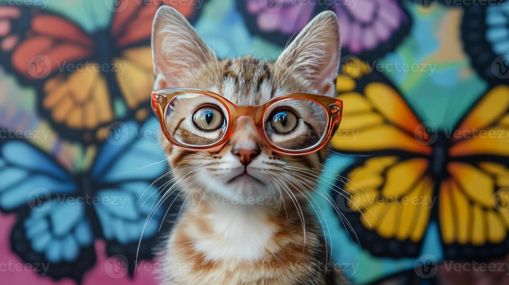 A cat wearing glasses in front of a colorful background photo