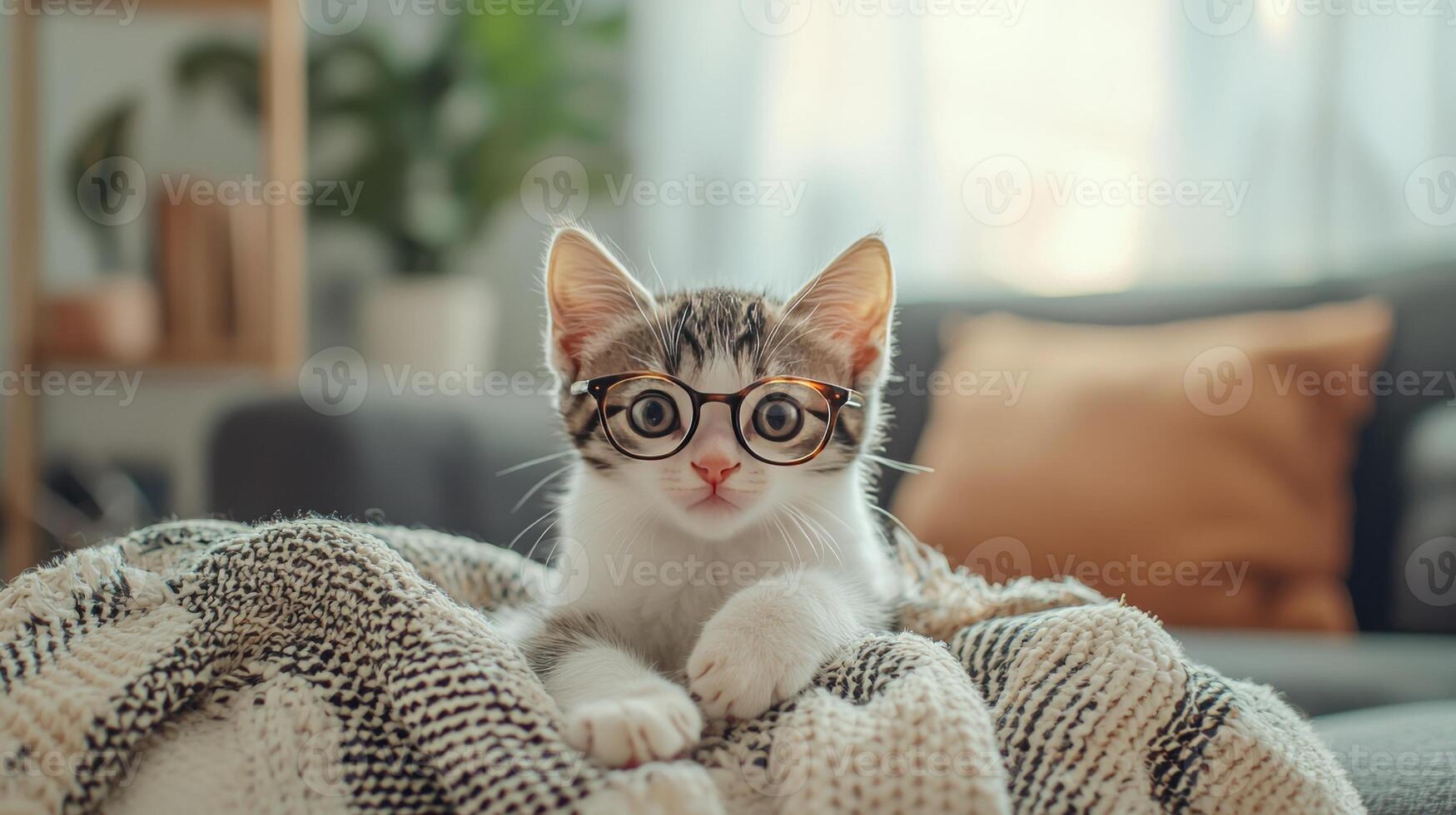A cat wearing glasses on a couch photo
