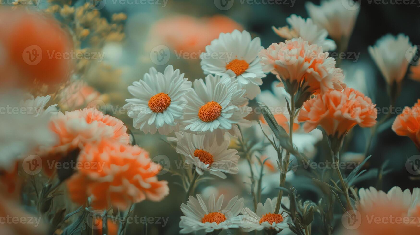 Flowers in a field with orange and white flowers photo
