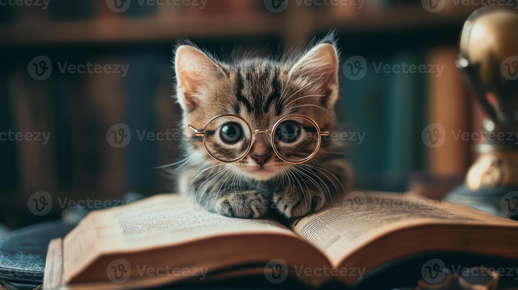 A kitten wearing glasses is sitting on top of an open book photo