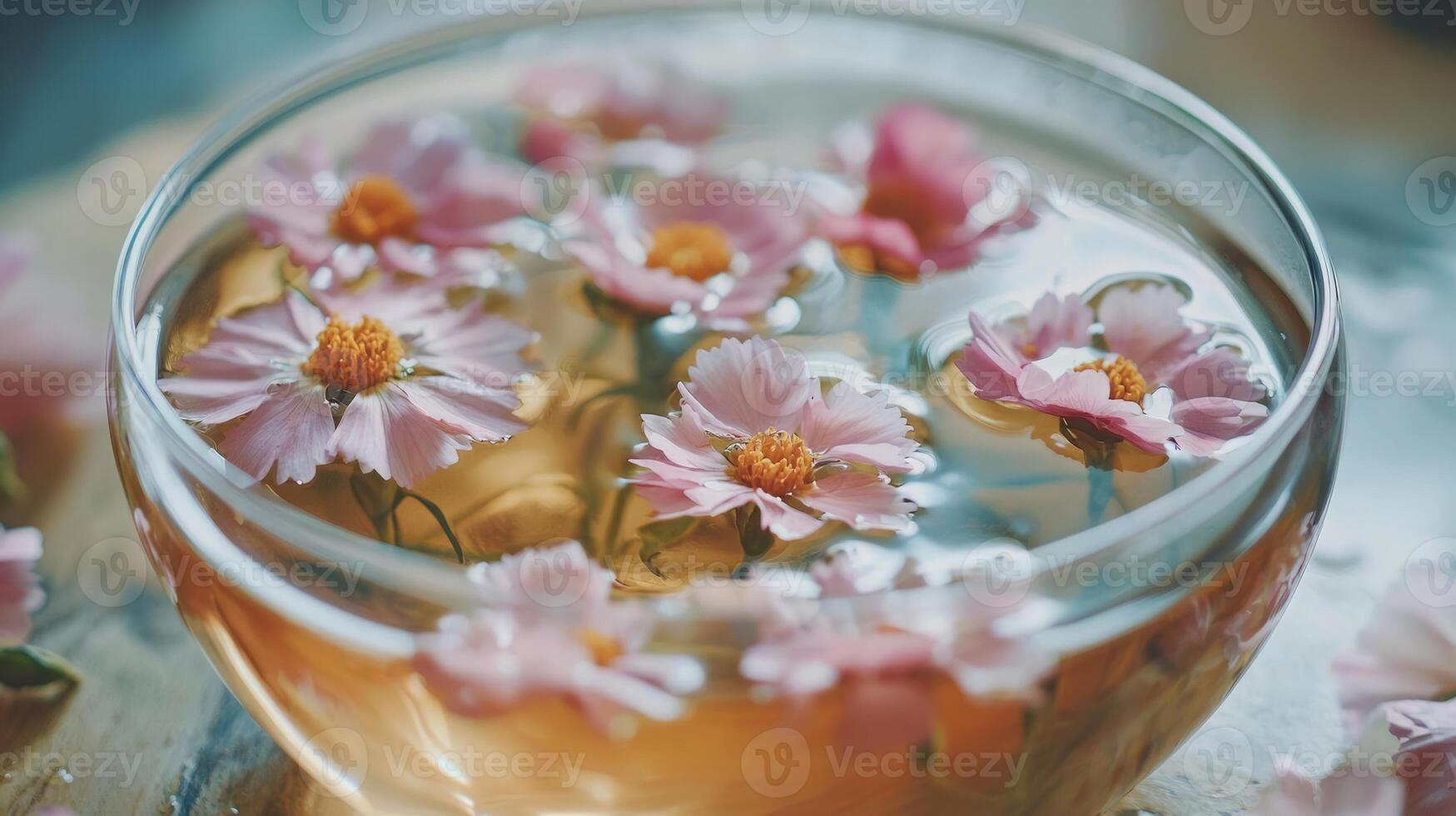 Cosmos flowers in a glass of water photo