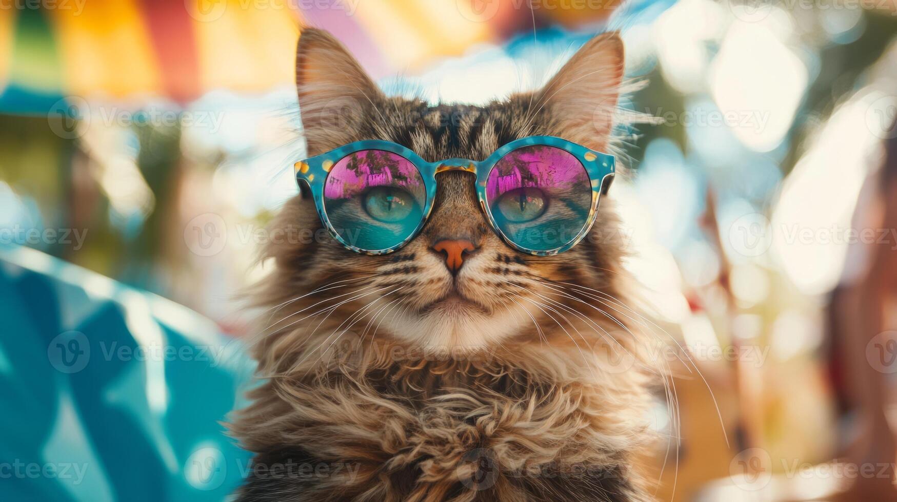 A cat wearing sunglasses on a beach photo