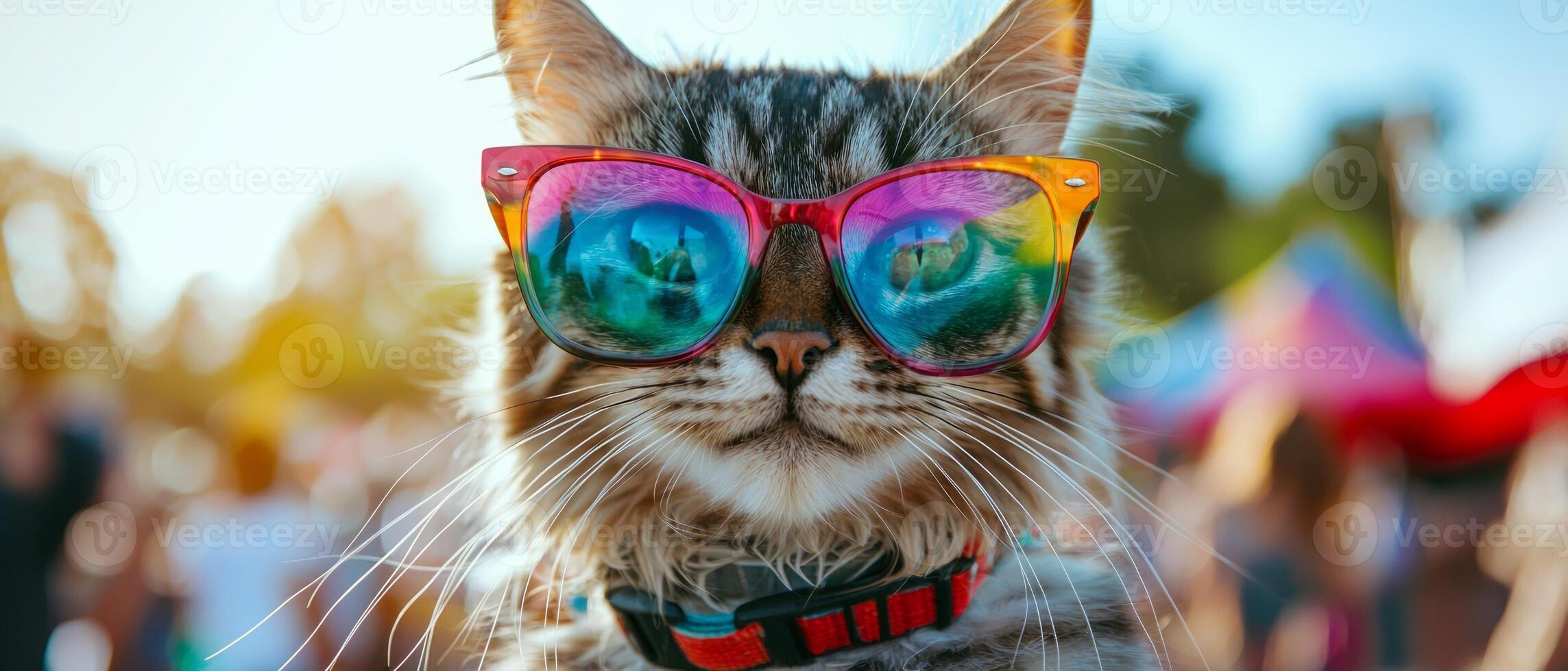 A cat wearing sunglasses at a festival photo
