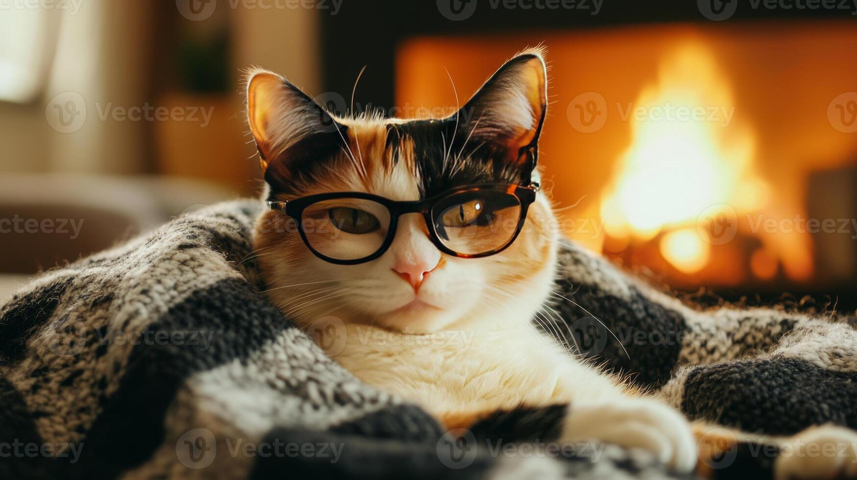 A calico cat wearing glasses and a blanket photo