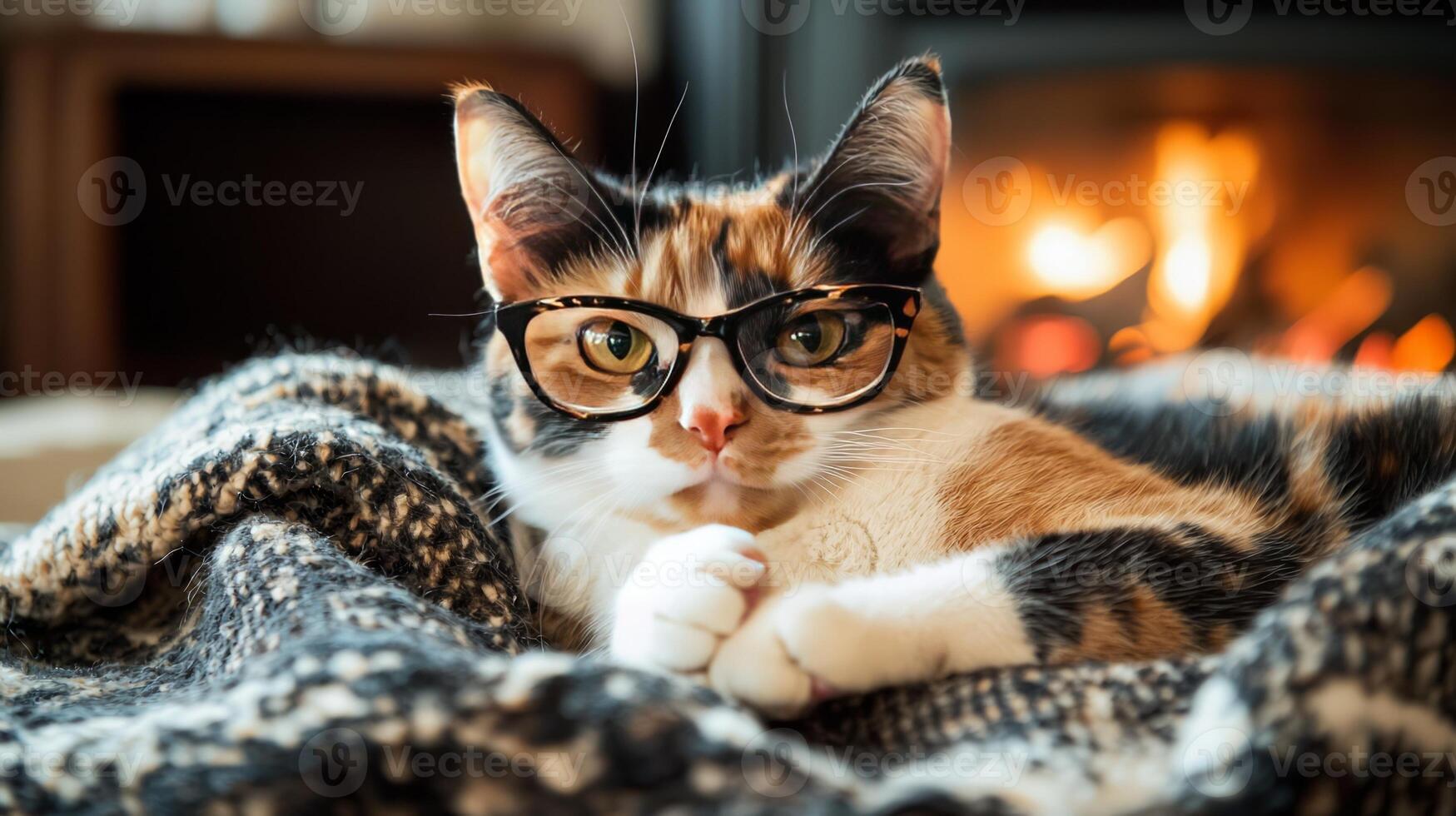 A calico cat wearing glasses and sitting on a blanket photo