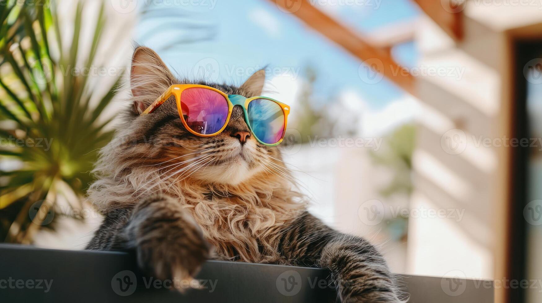 A cat wearing sunglasses on a patio photo