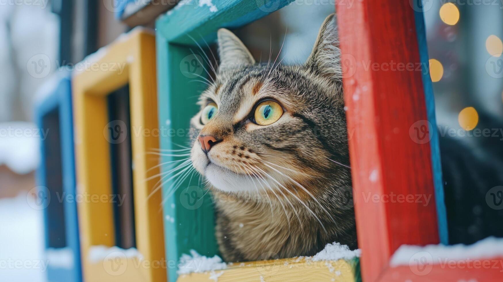 A cat looking out of a window in a colorful frame photo