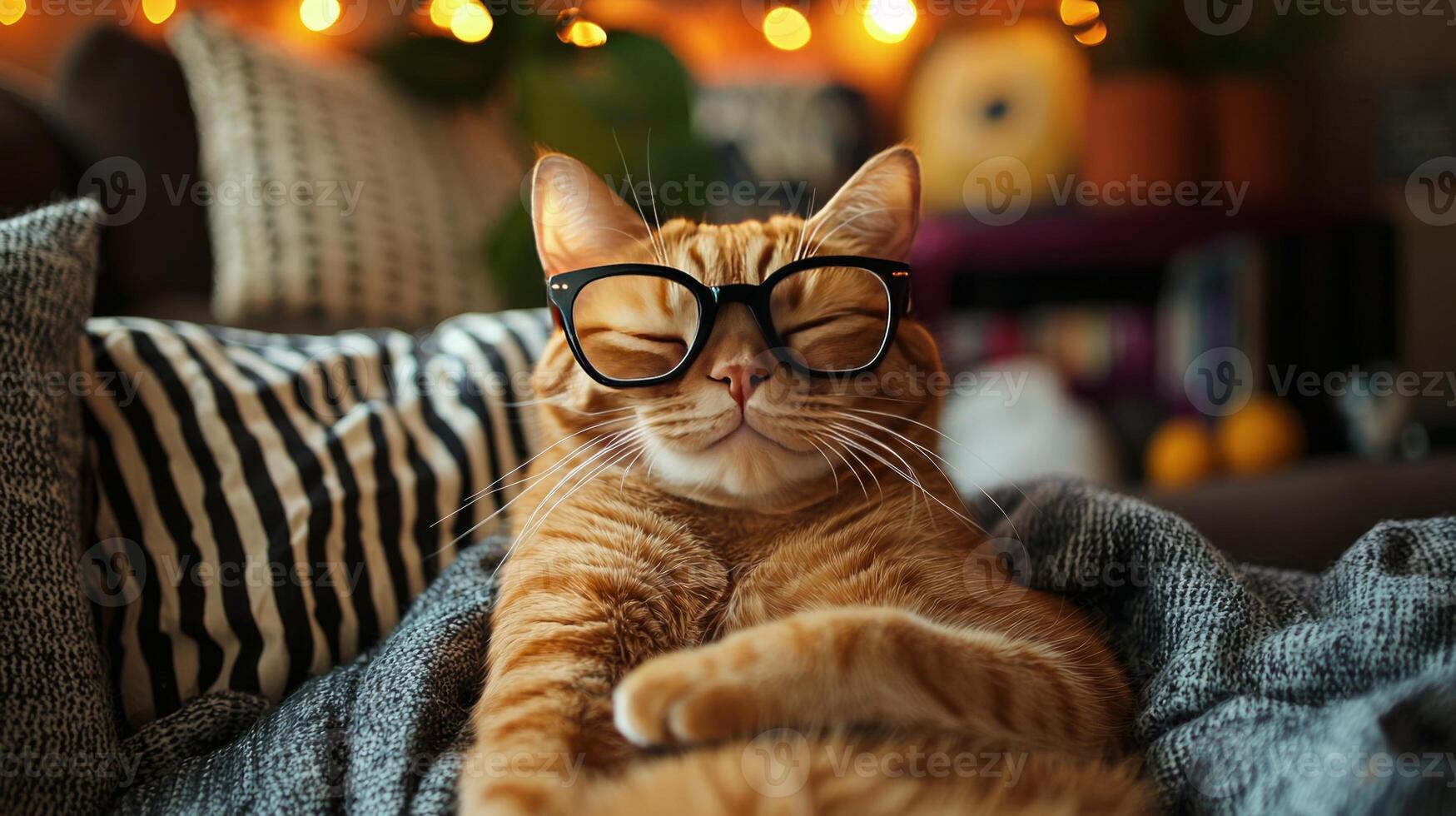 A cat wearing glasses and sitting on a couch photo