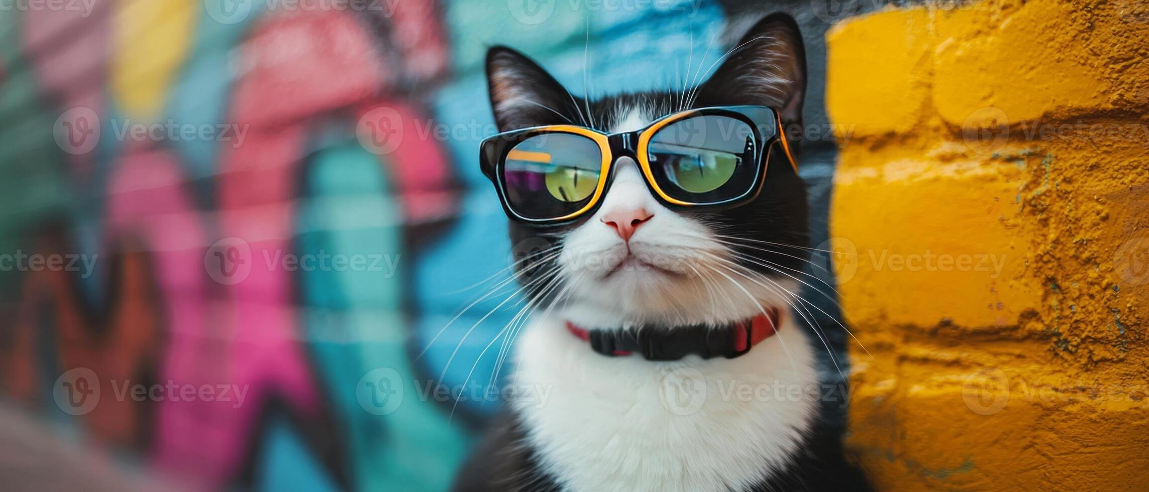 A cat wearing sunglasses against a colorful wall photo