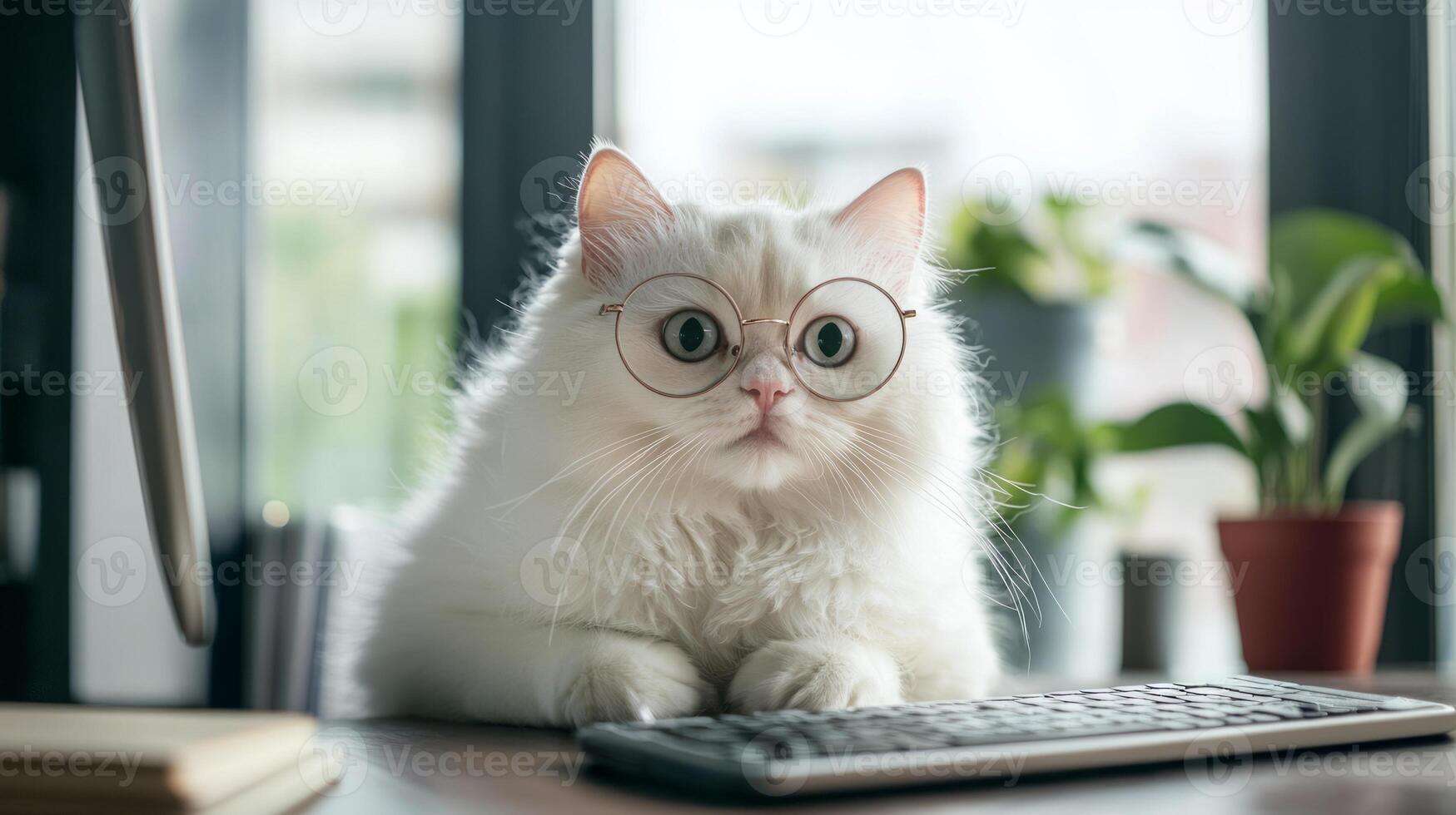 A white cat wearing glasses sitting at a desk photo