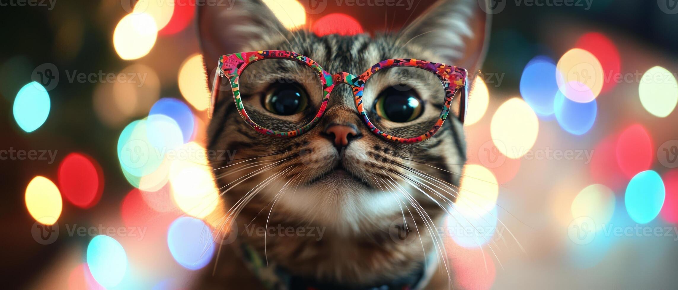 A cat wearing glasses in front of a colorful background photo