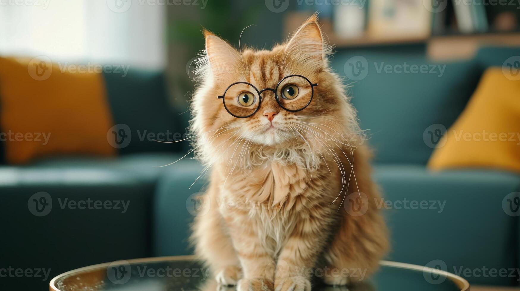 A cat wearing glasses sits on a table photo