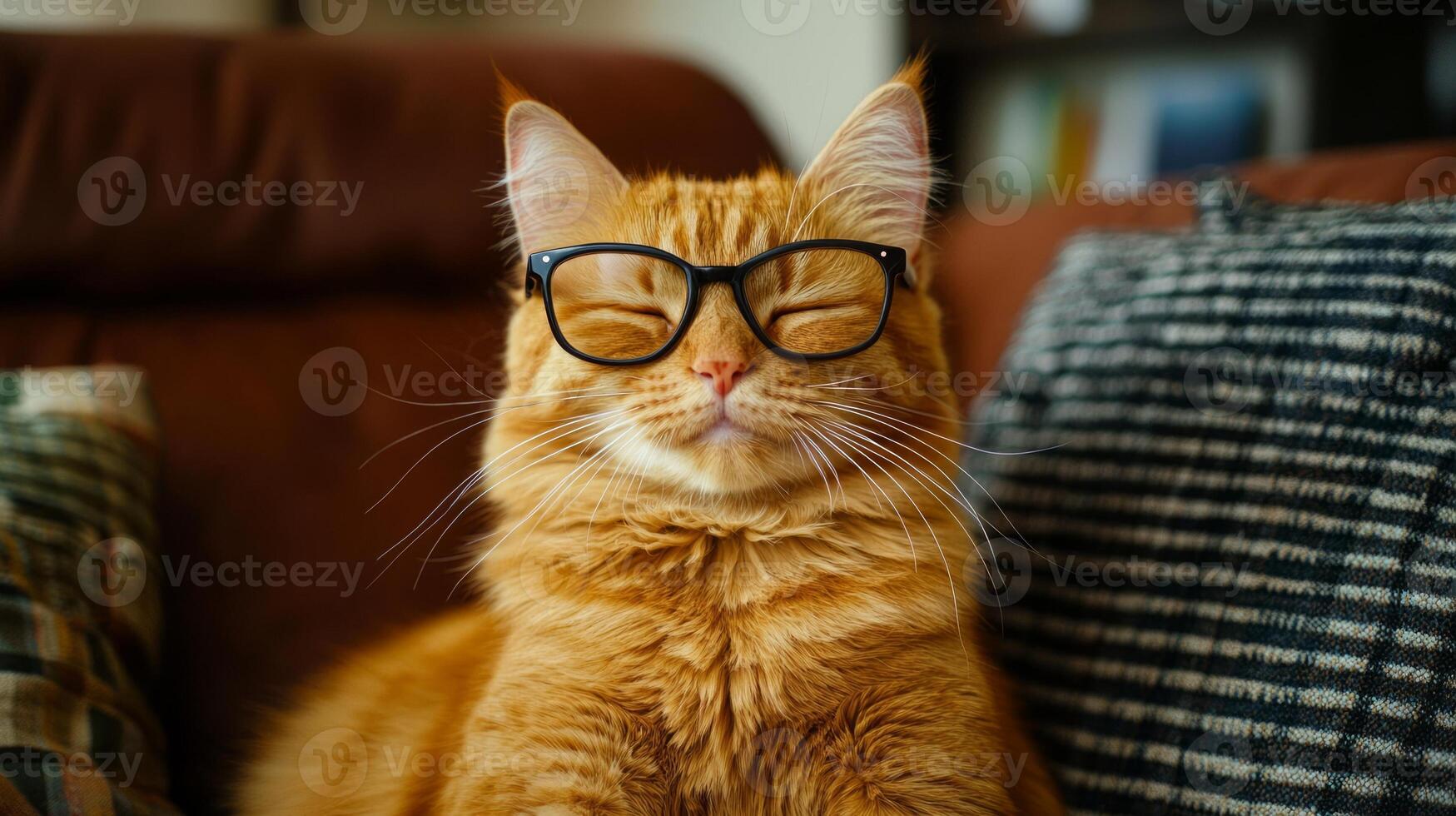 An orange cat wearing glasses on a couch photo