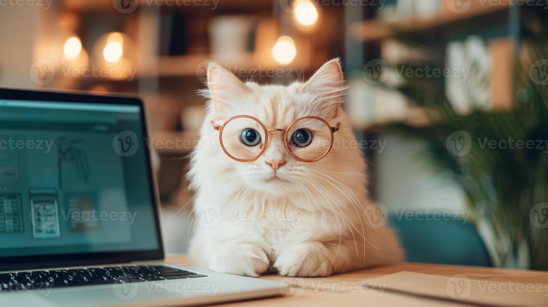 A cat wearing glasses sitting in front of a laptop photo