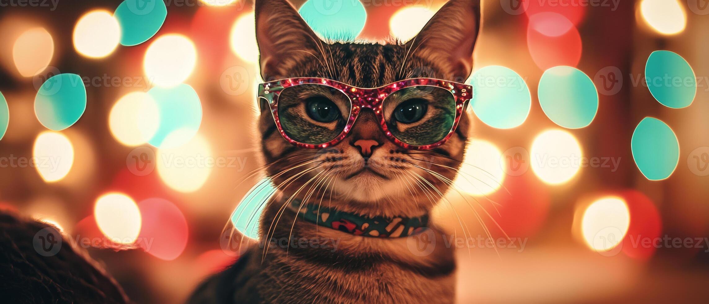 A cat wearing glasses in front of a background of lights photo