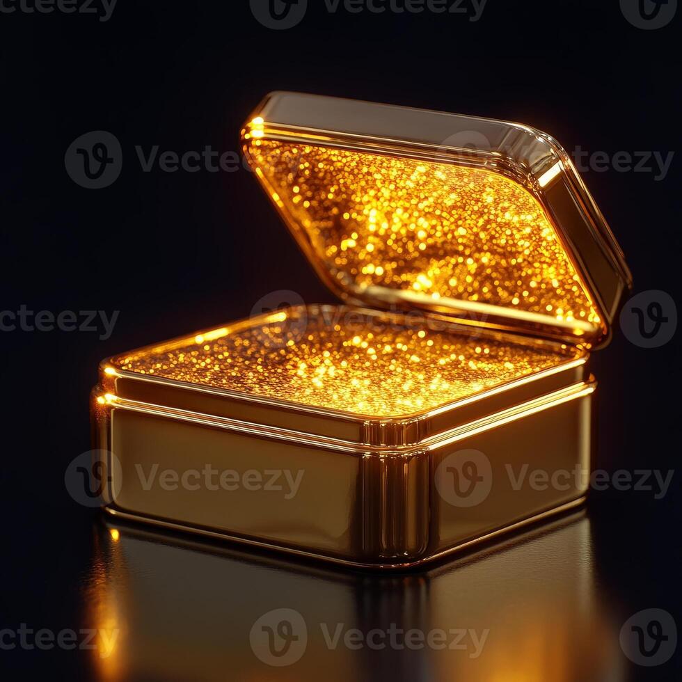 Golden open box shining with glitter on dark background photo