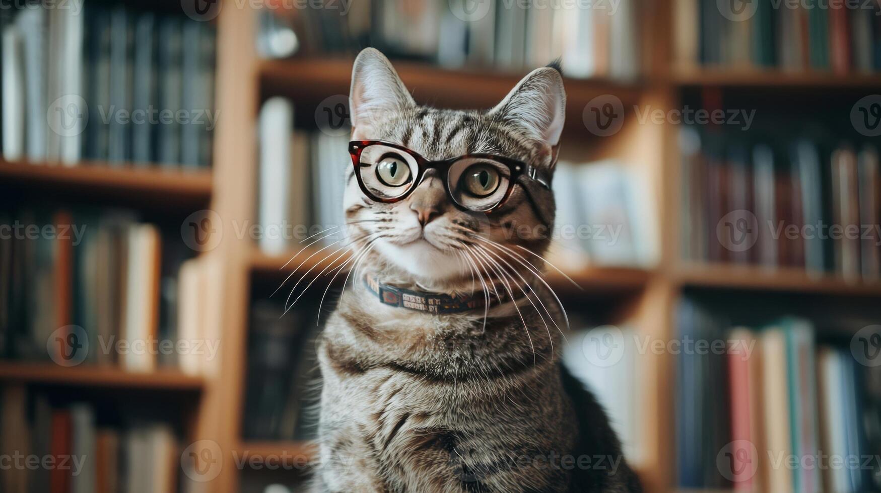 A cat wearing glasses sits in front of a bookcase photo