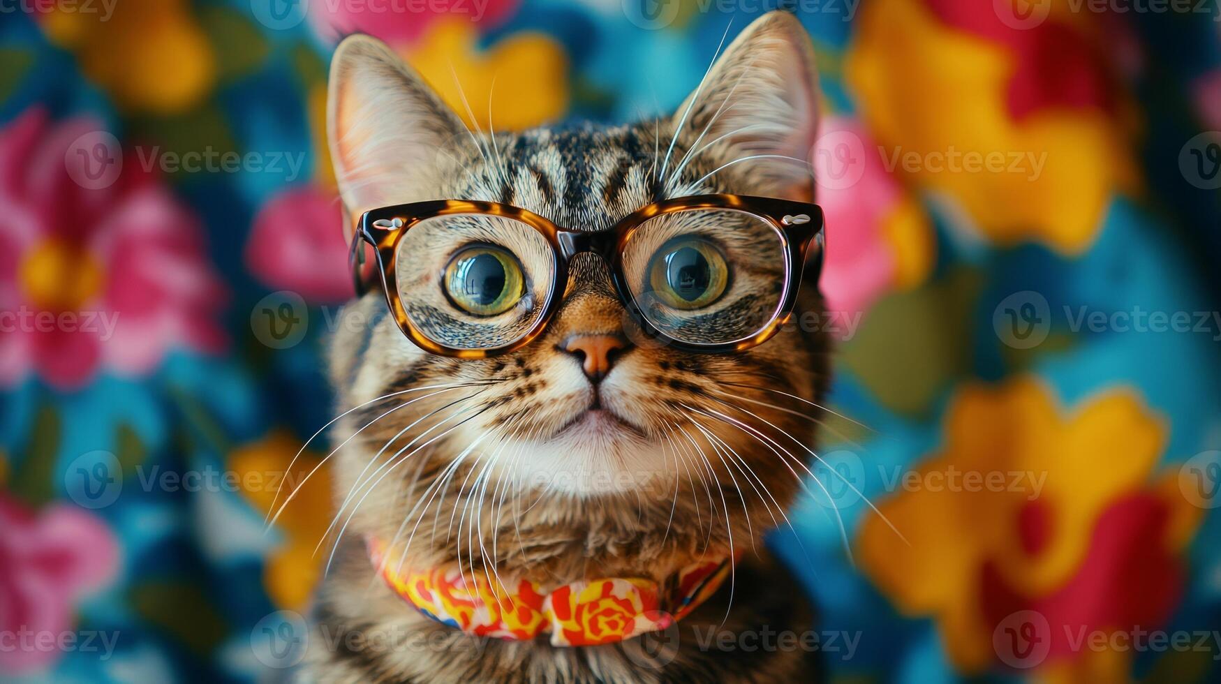 A cat wearing glasses and a collar photo