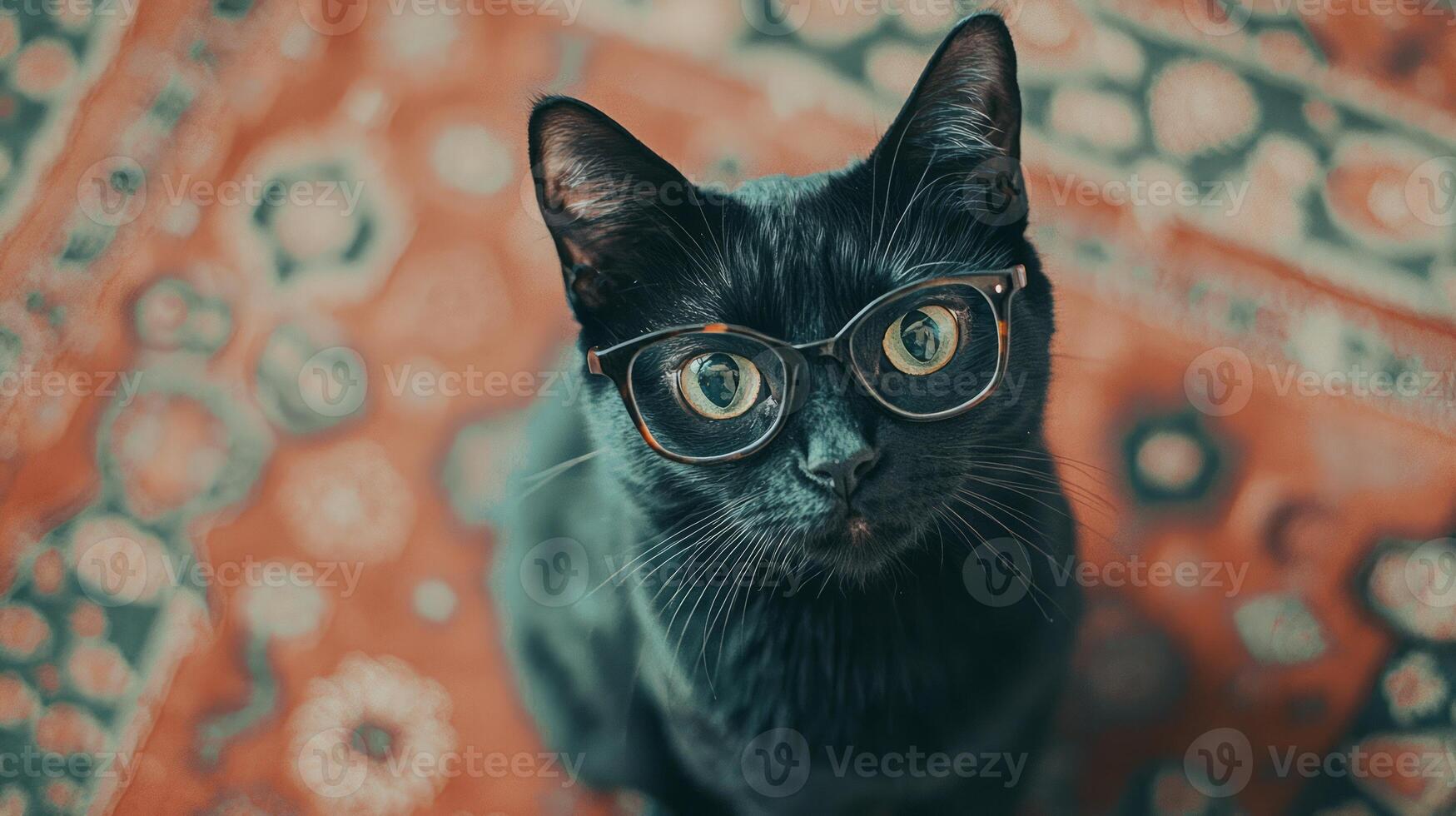 A black cat wearing glasses on a rug photo