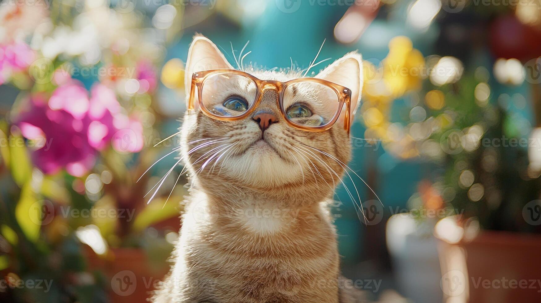 A cat wearing glasses in front of flowers photo