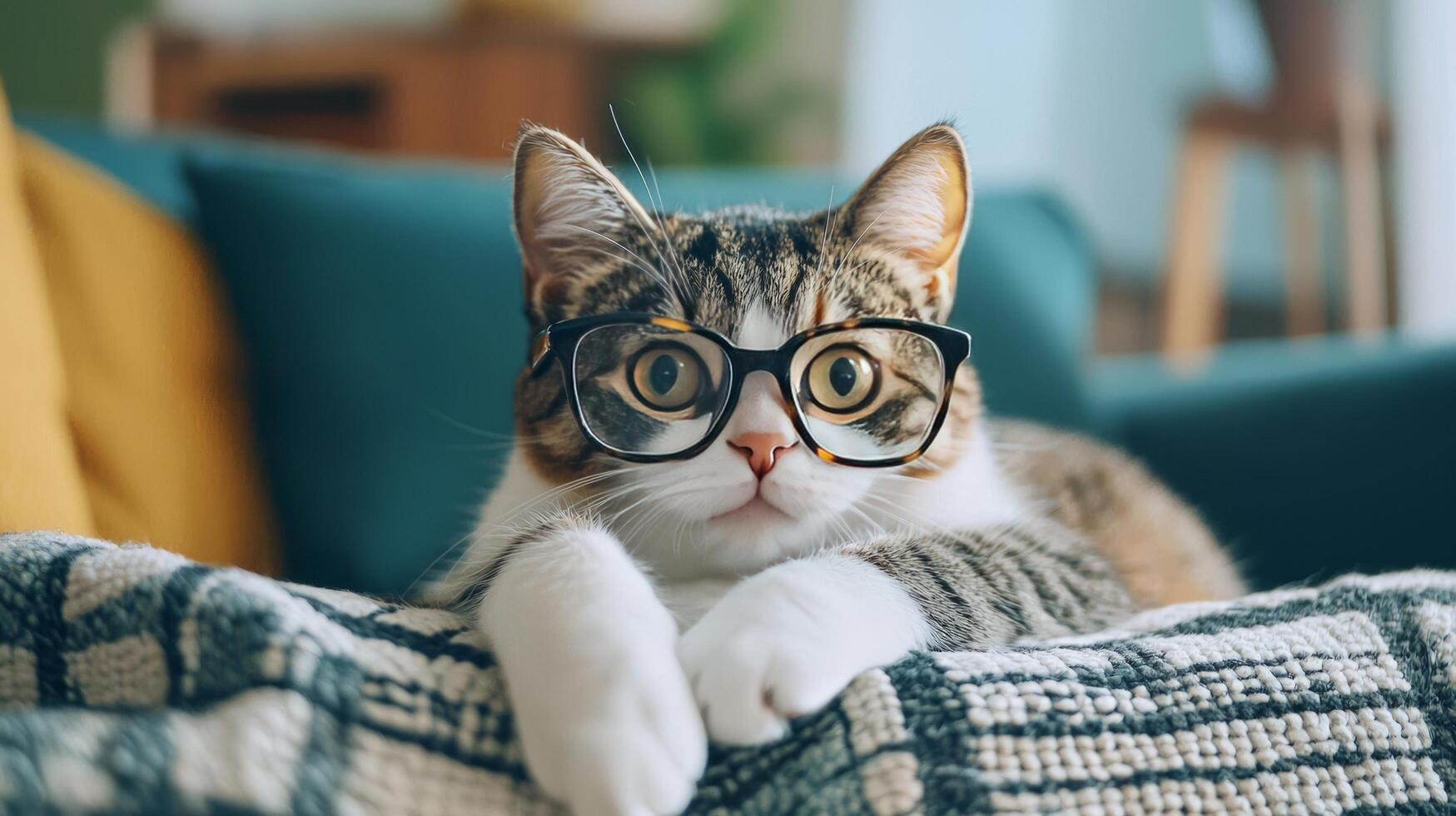 A cat wearing glasses on a couch photo