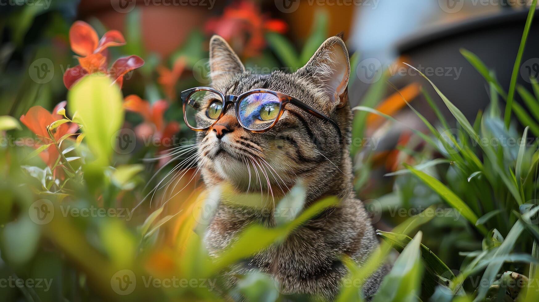 A cat wearing glasses in the grass photo