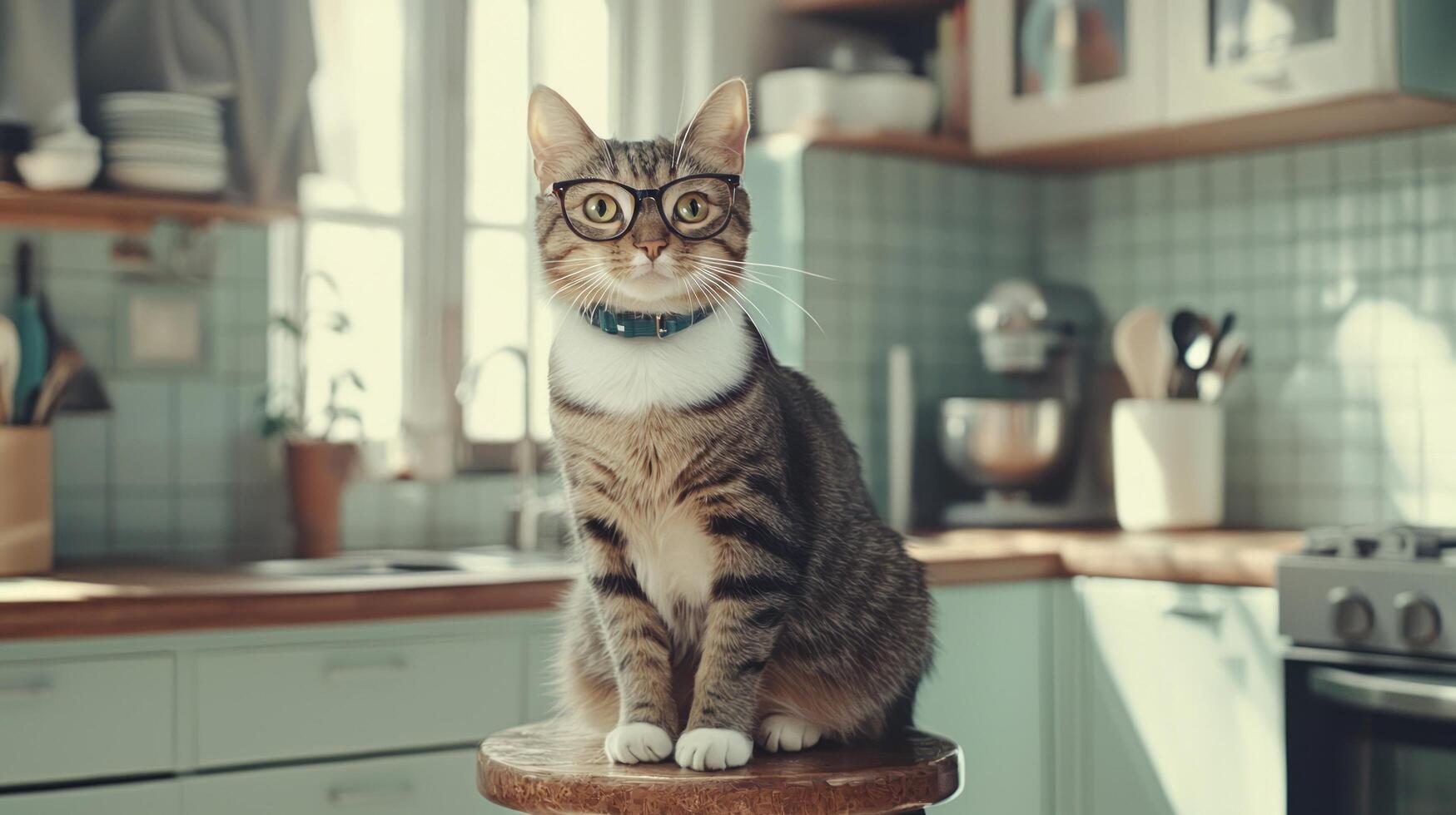 A cat wearing glasses sits on a stool in a kitchen photo