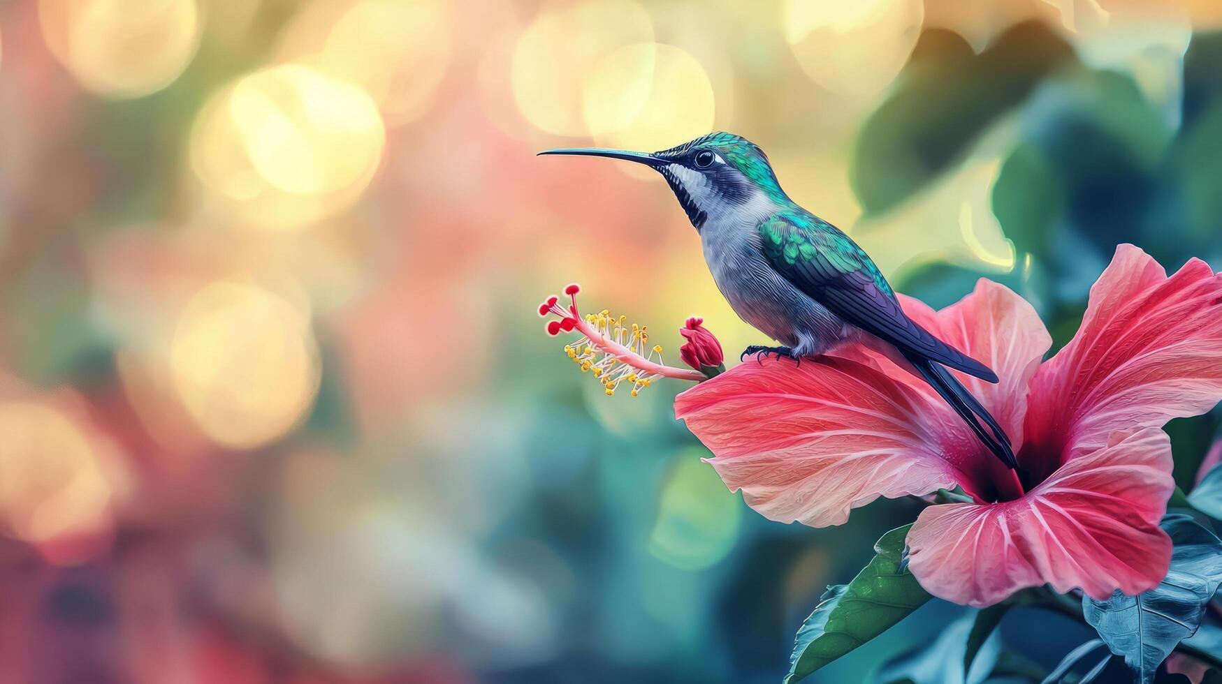 A hummingbird is perched on a flower photo