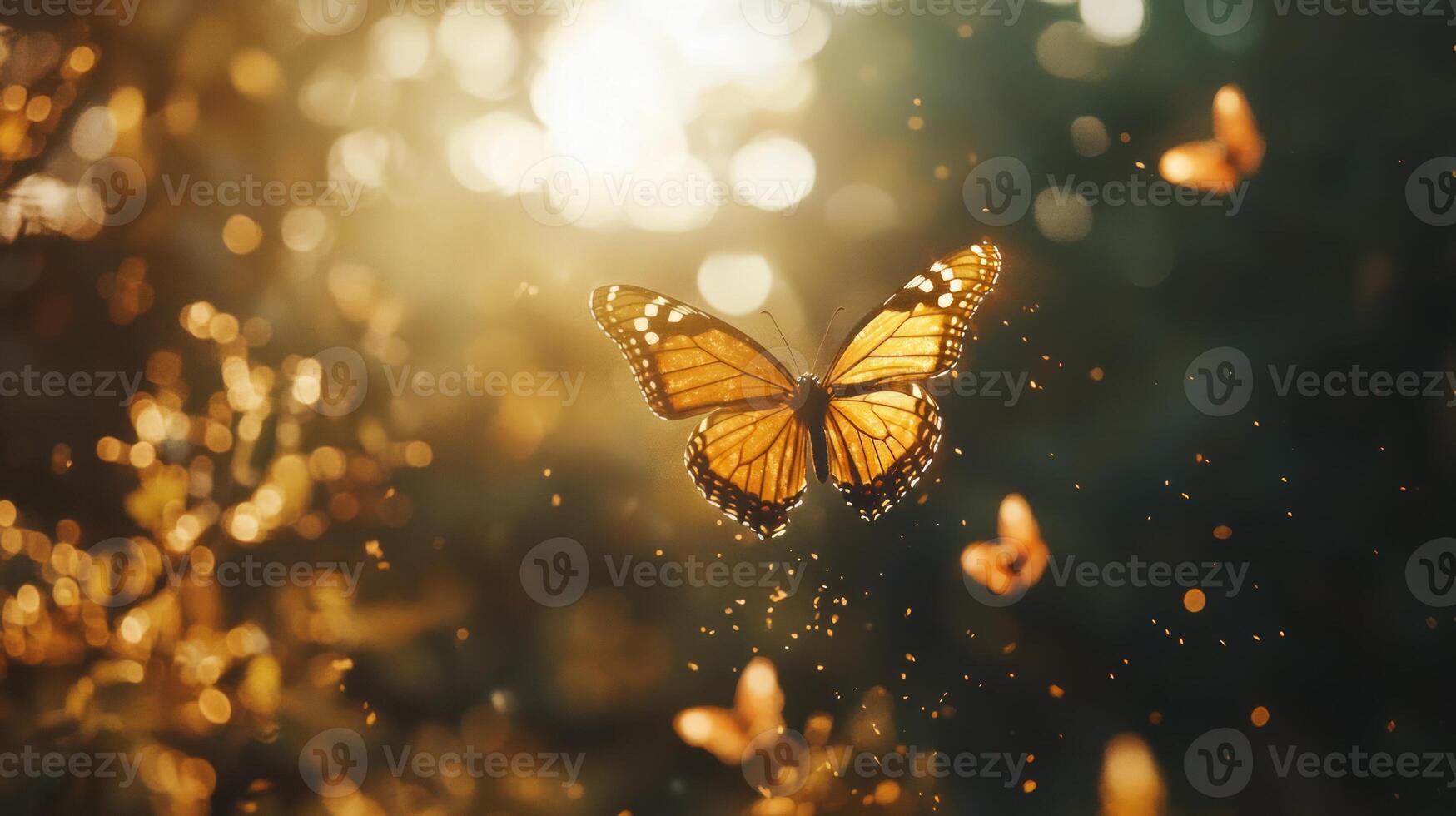 A butterfly is flying in the air with sunlight shining on it photo