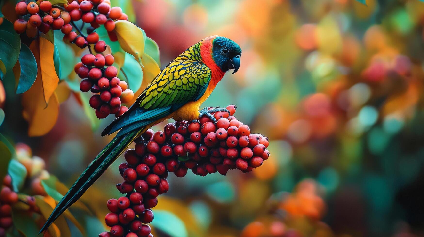 A colorful bird sits on a branch of berries photo