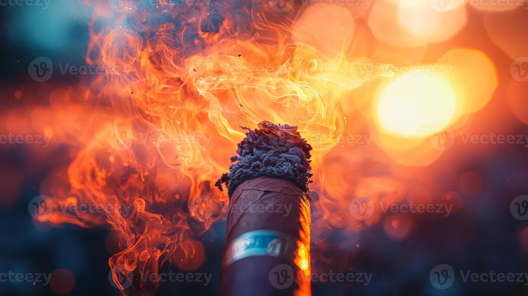 A cigar is burning in the dark with a bright light behind it photo