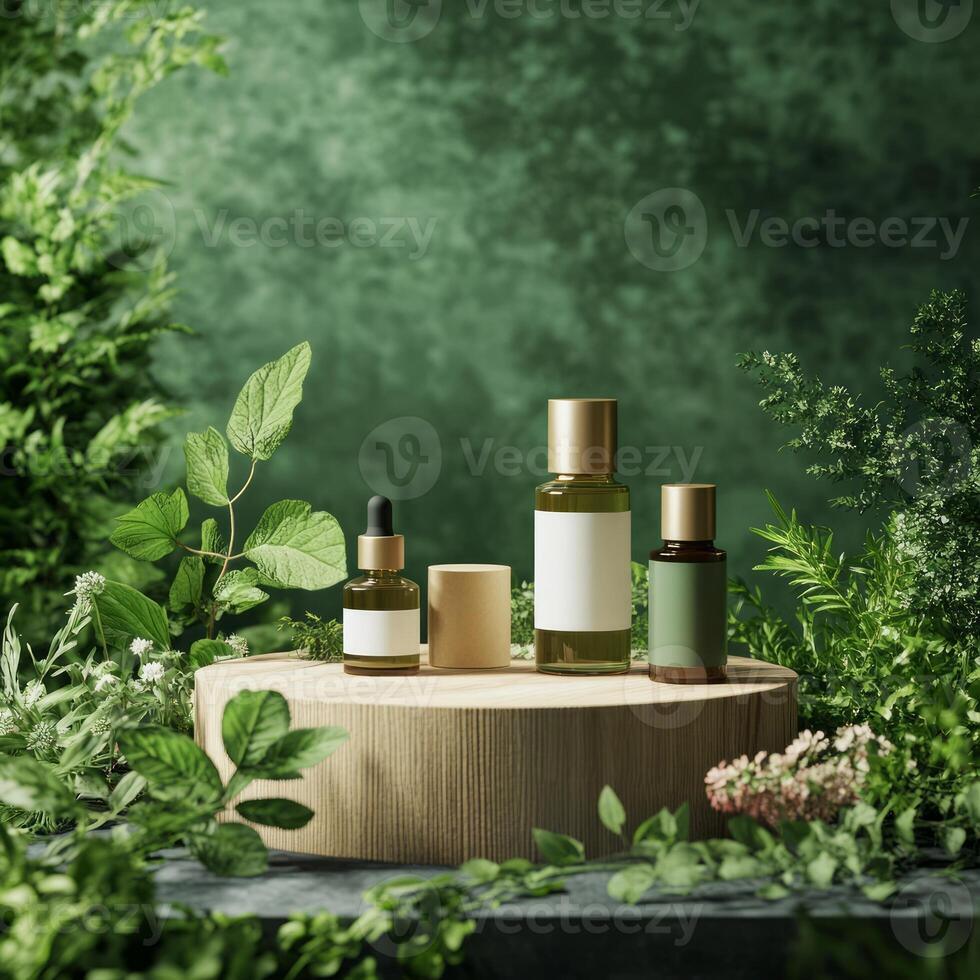 Green background with bottles of essential oils photo