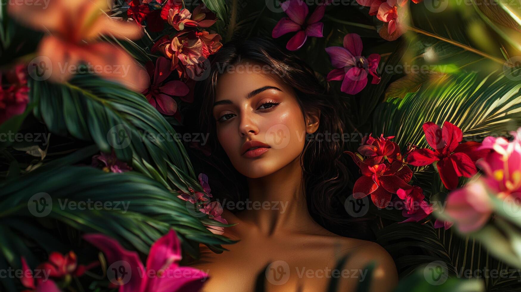 A beautiful woman laying in the middle of flowers photo